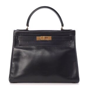 Hermes Box Kelly Retourne 28 Black Leather Shoulder Bag with Gold Accents